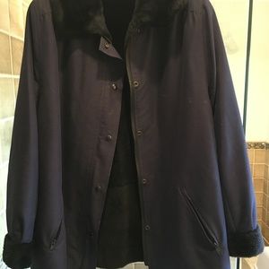STEVEN CORN Navy Raincoat with Black Rabbit Lining, Collar and Cuffs; Medium